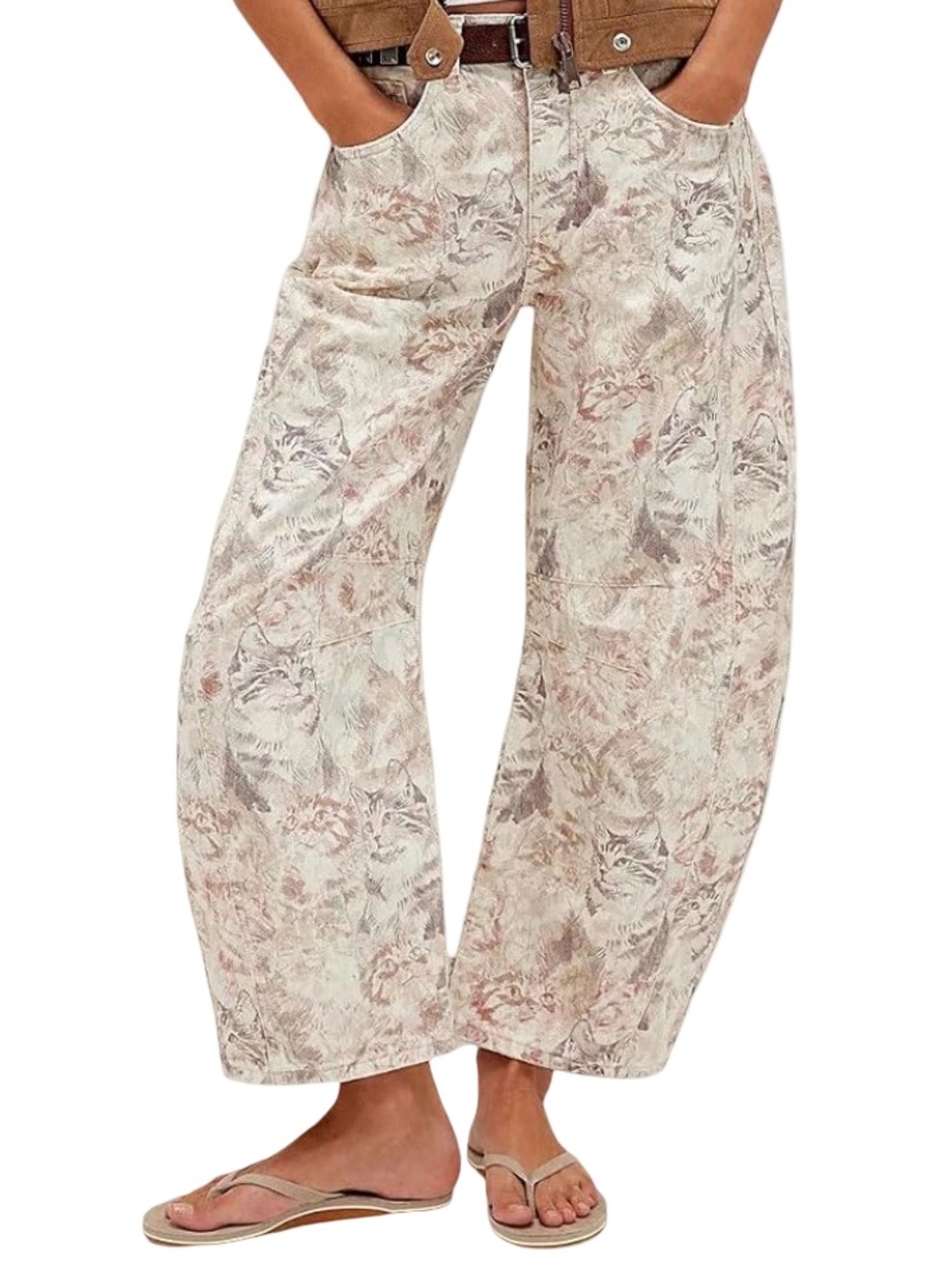 chouyatou Baggy Wide Leg Denim Pants Boho cat Printed Boyfriend Barrel Jean S